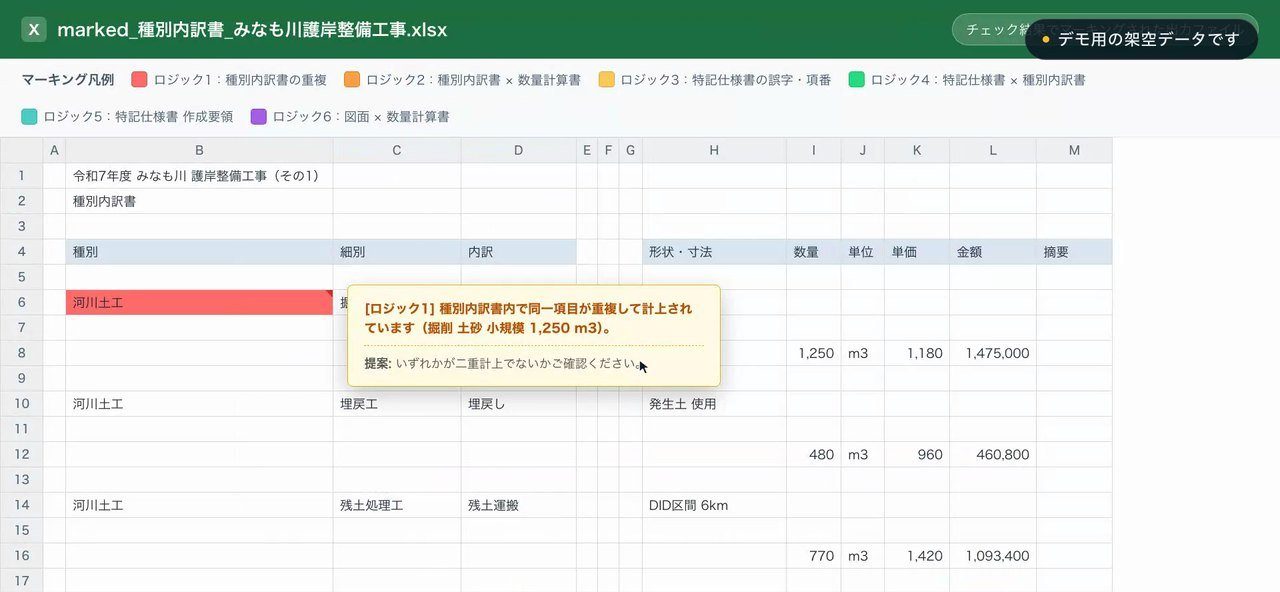 図書チェックの画面：内訳書の重複箇所に色とコメント